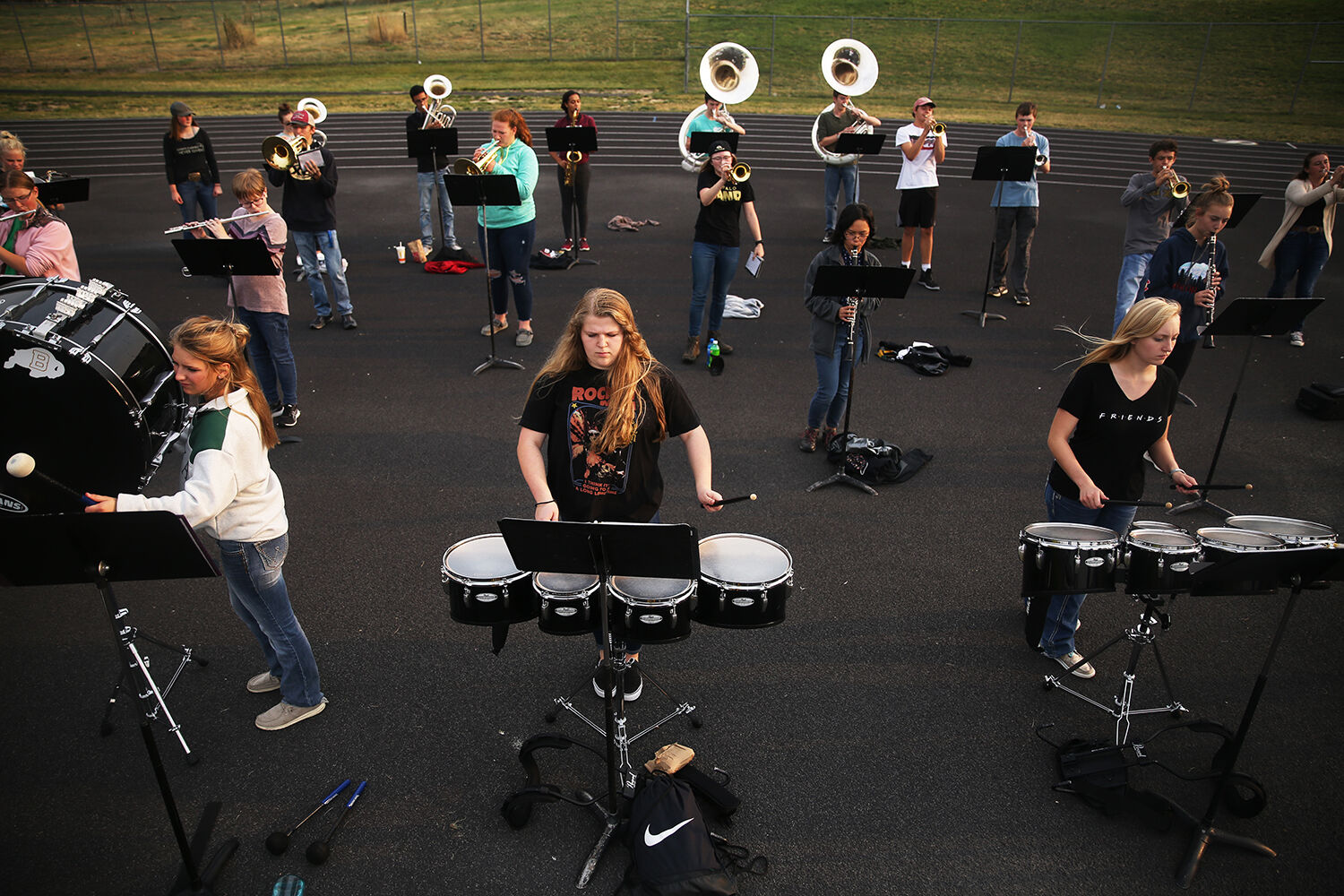 Members of the pep band socially distanced themselves
